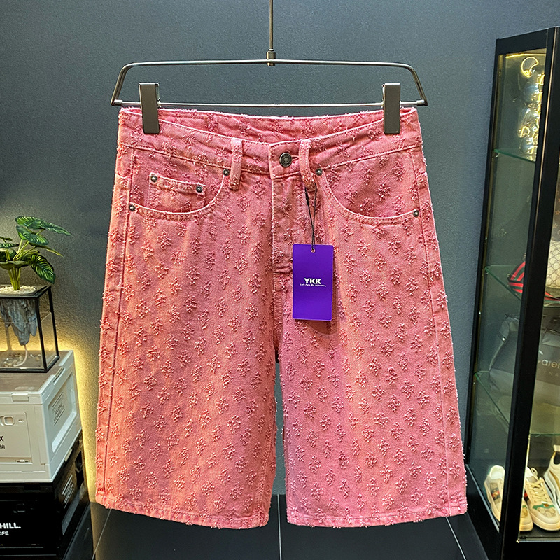 Men's Knee-Length Shorts - Loose Fit Denim Style, Wide Leg Casual Five-Pocket Pants with Perforated Jacquard, Perfect for Summer