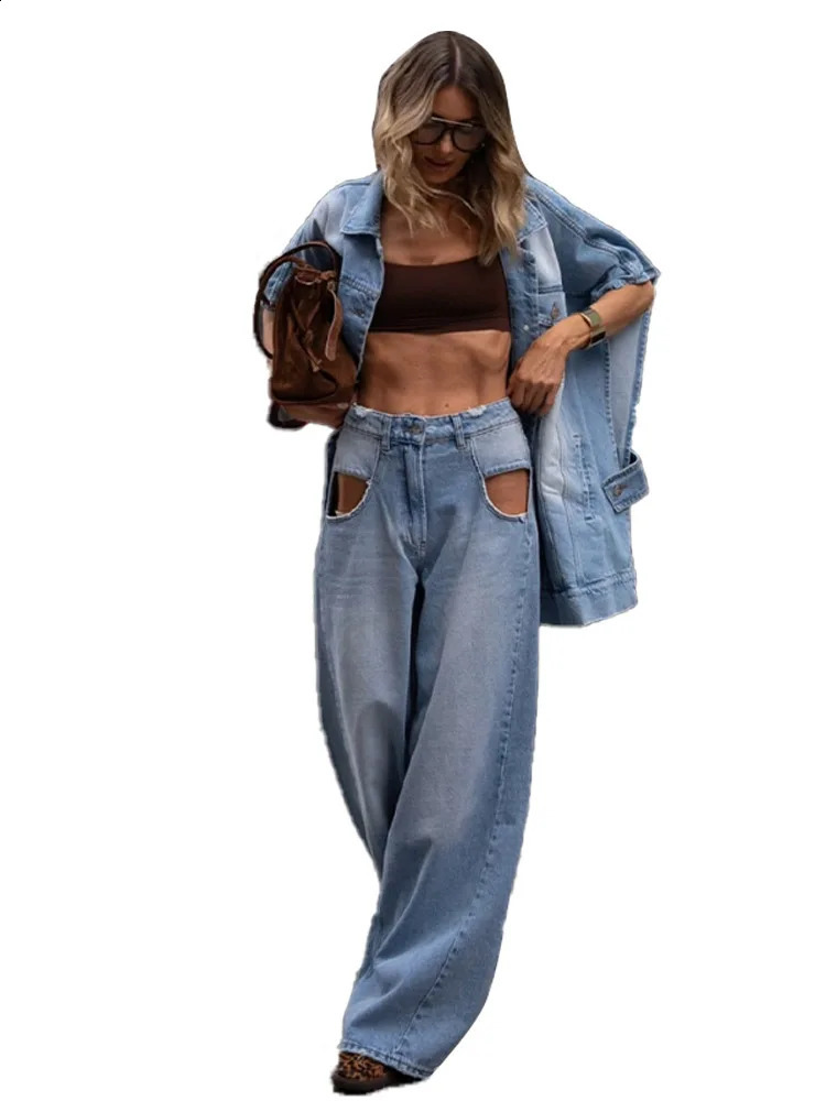 Womens Oversized Denim Two Piece Set Trendy Loose Fit Jacket Matching High Waist Wide Leg Baggy Jeans Chic Streetwear Outfits 250806