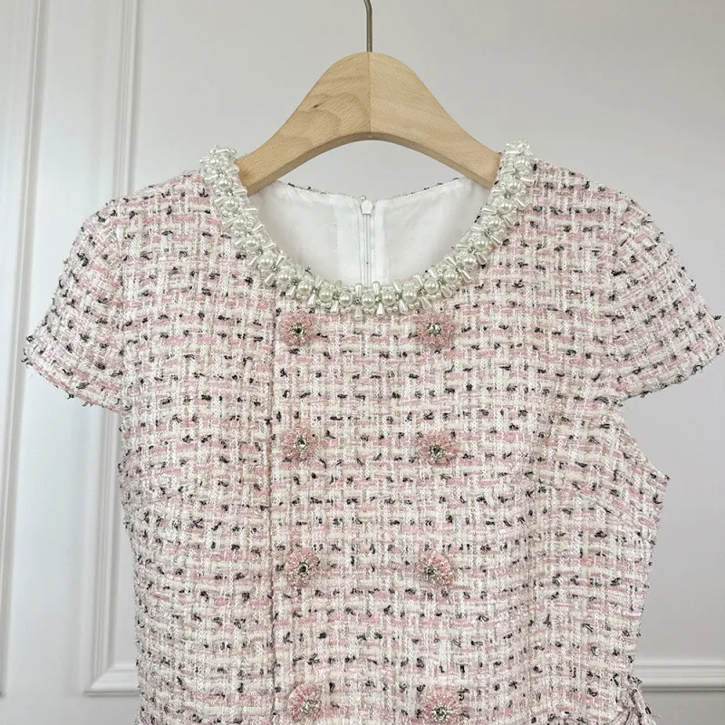 Summer Autumn New Pearl Inlaid Dia Round Neck Slimming Belt Tweed Elegance Style Base Sleeve Dress Short Skirt