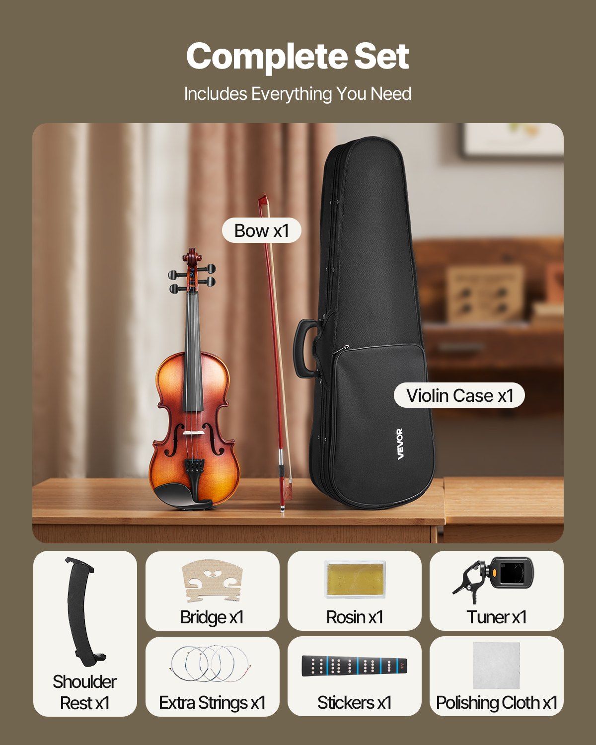 Violin 1/2 Size Fiddle Set Solidwood for Beginners with Case Rosin Brown