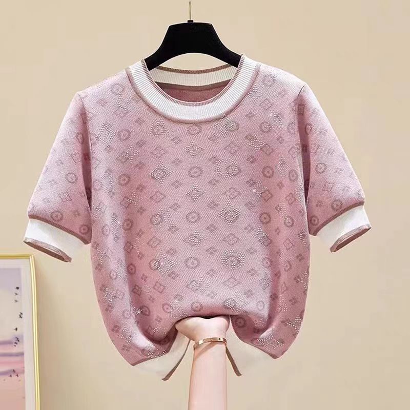 Women's Summer Short-Sleeve T-Shirt with Rhinestone Embellished Print Xiaoxiangfeng Knitted Fabric