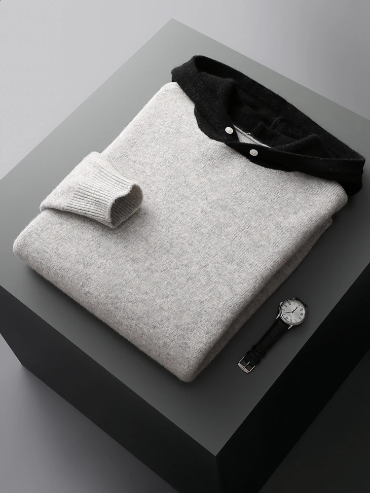 ADDONEE Men Hooded Pullover Cashmere Sweater Autumn Winter 100 Merino Wool Knitwear Smart Casual Korean Fashion Tops 250729