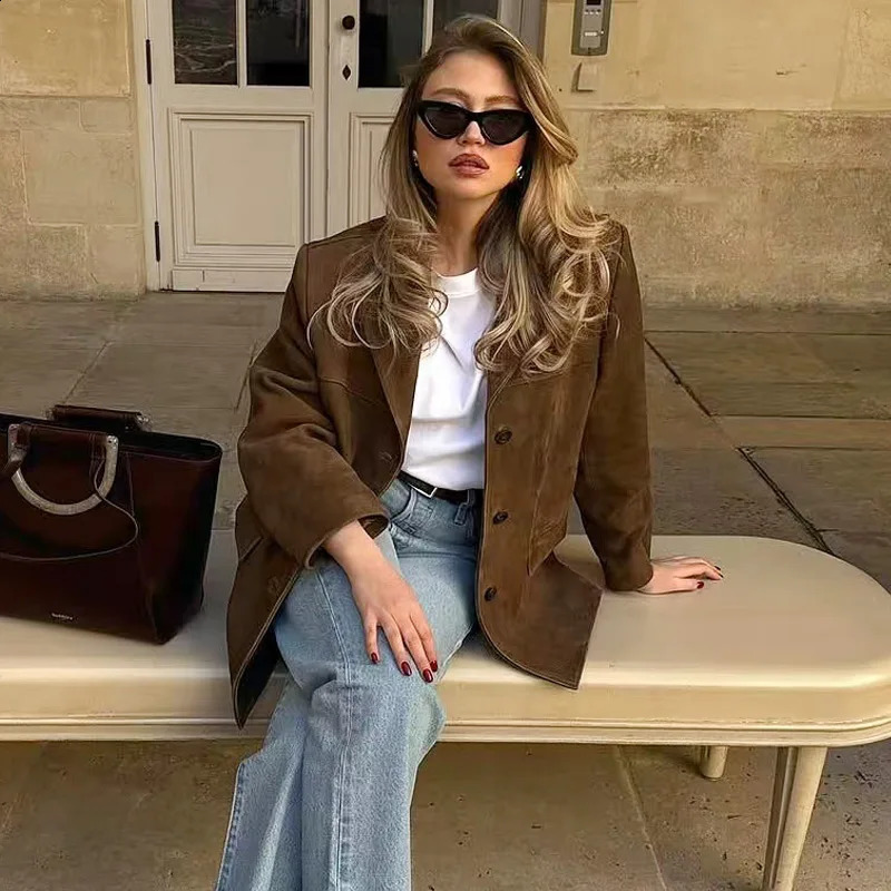 TRAF Womens Blazer Suede Jacket Spring Outerwears Brown Long Sleeve Blazer Vintage Solid Fitted Coat Old Money Jackets 066 250812