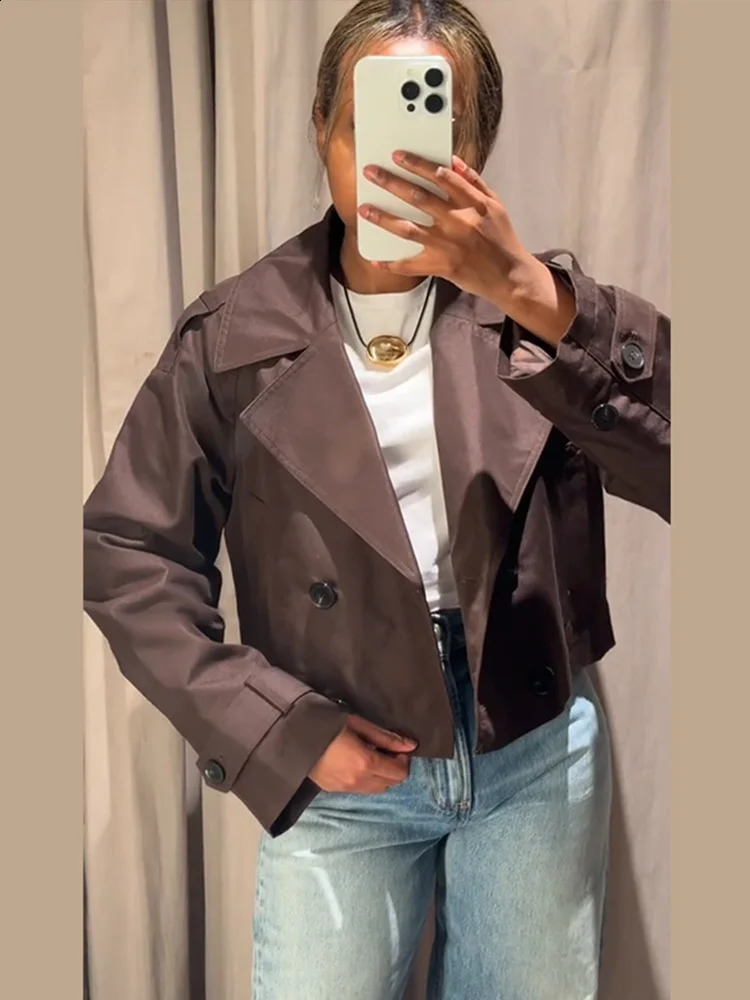 Elegant Turn-down Collar Cropped Jackets Coat Long Sleeves Double Breasted Short Outerwear Autumn Chic Office Female Streetwear 250811