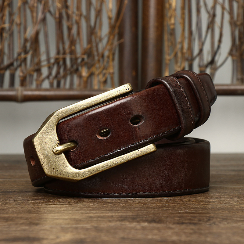 Red Tornado Genuine Leather Slide Belt with Vintage Brass Buckle For Casual Dress Pants 250102