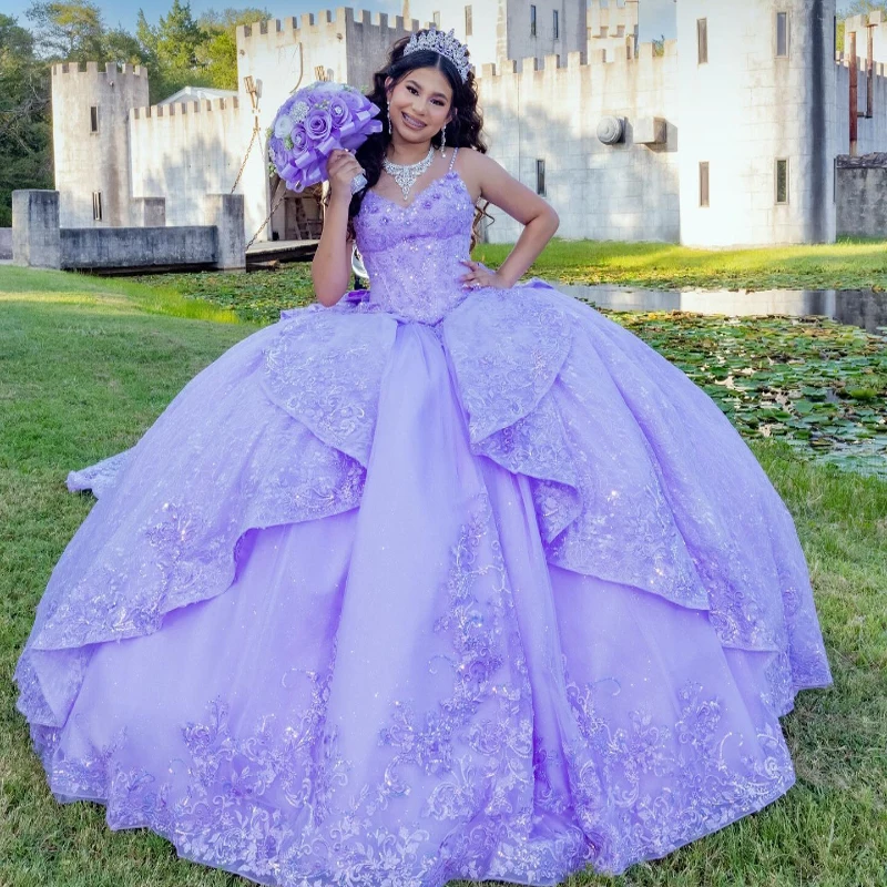Lavender Shiny Ball Gown Quinceanera Dresses Spaghetti Strap Applique Lace Beads Bow Tull Party Birthday Sweet 16 Dress Vestidos 15 De Anos