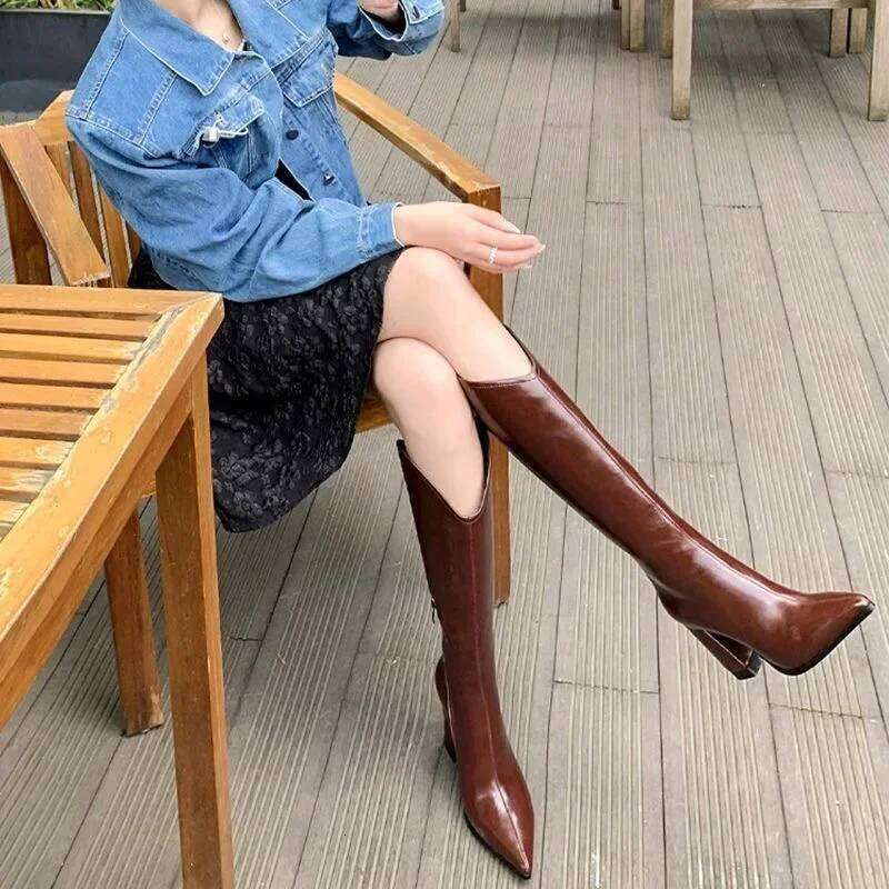 PU Leather Long Women Fashion V-port Pointed Toe Knee Boots Ladies Sexy Chunky High Heel Shoes Botas