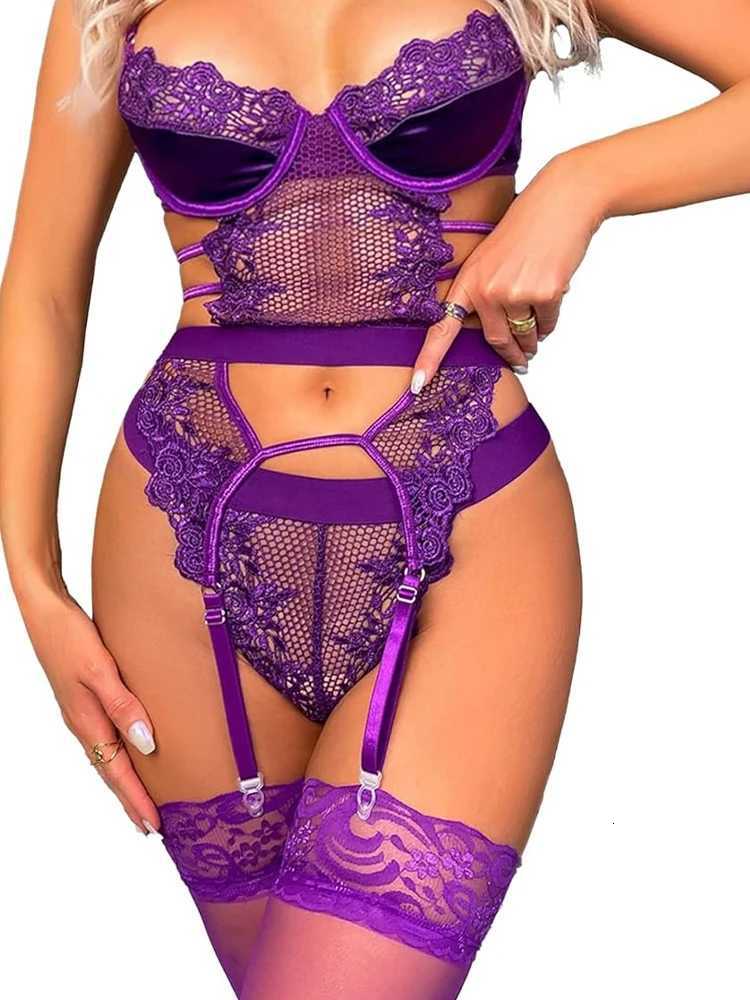 Women Sexy Lace Bodysuit Hollow Floral Embroidery V Neck Teddy Underwear Set Garter Belt Erotic Three-Point Bikini Lingerie SuitXJ250812