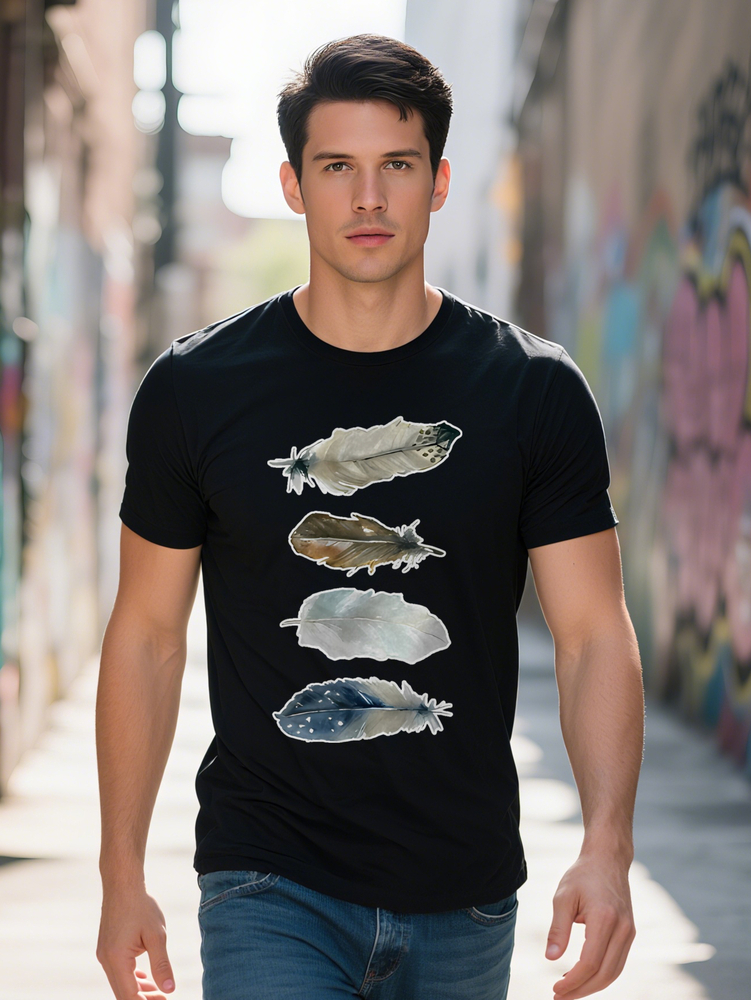 Casual Crew Neck T-Shirt Artistic Feather Print Soft Short Sleeve Black with White Gray Feathers Summer Style 3ee0b