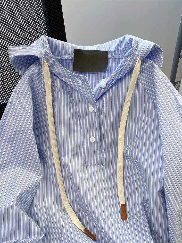 Japanese Style Blue Stripe Hooded Shirts Women Man Spring Autumn Long Sleeves Loose Casual Hoodies Vintage All-matched Coat Tops 250811