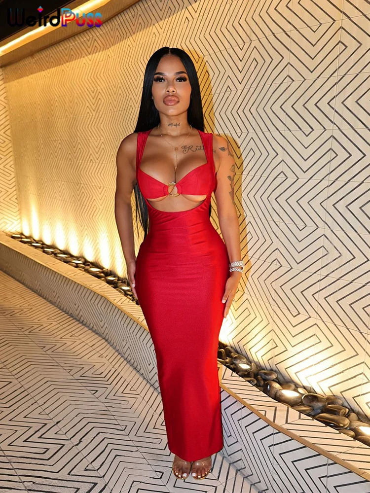 Weird Puss Sexy Backless Party Dress Hollow Skinny Sleeveless Low-Neck Ring Clasp Chic Birthday Banquet Rave Bodycon Vestidos 250806