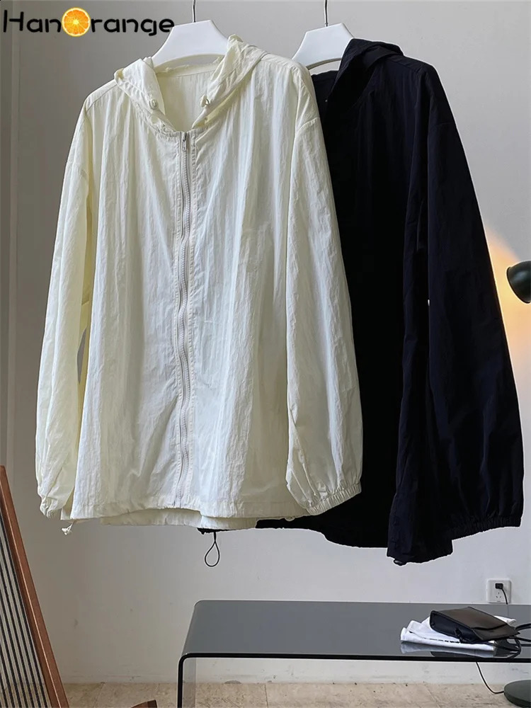 HanOrange 2024 Summer Light Transparent Hooded Zipper Sunscreen Jacket Women Loose Silhouette Thin Long Sleeve Female 250808