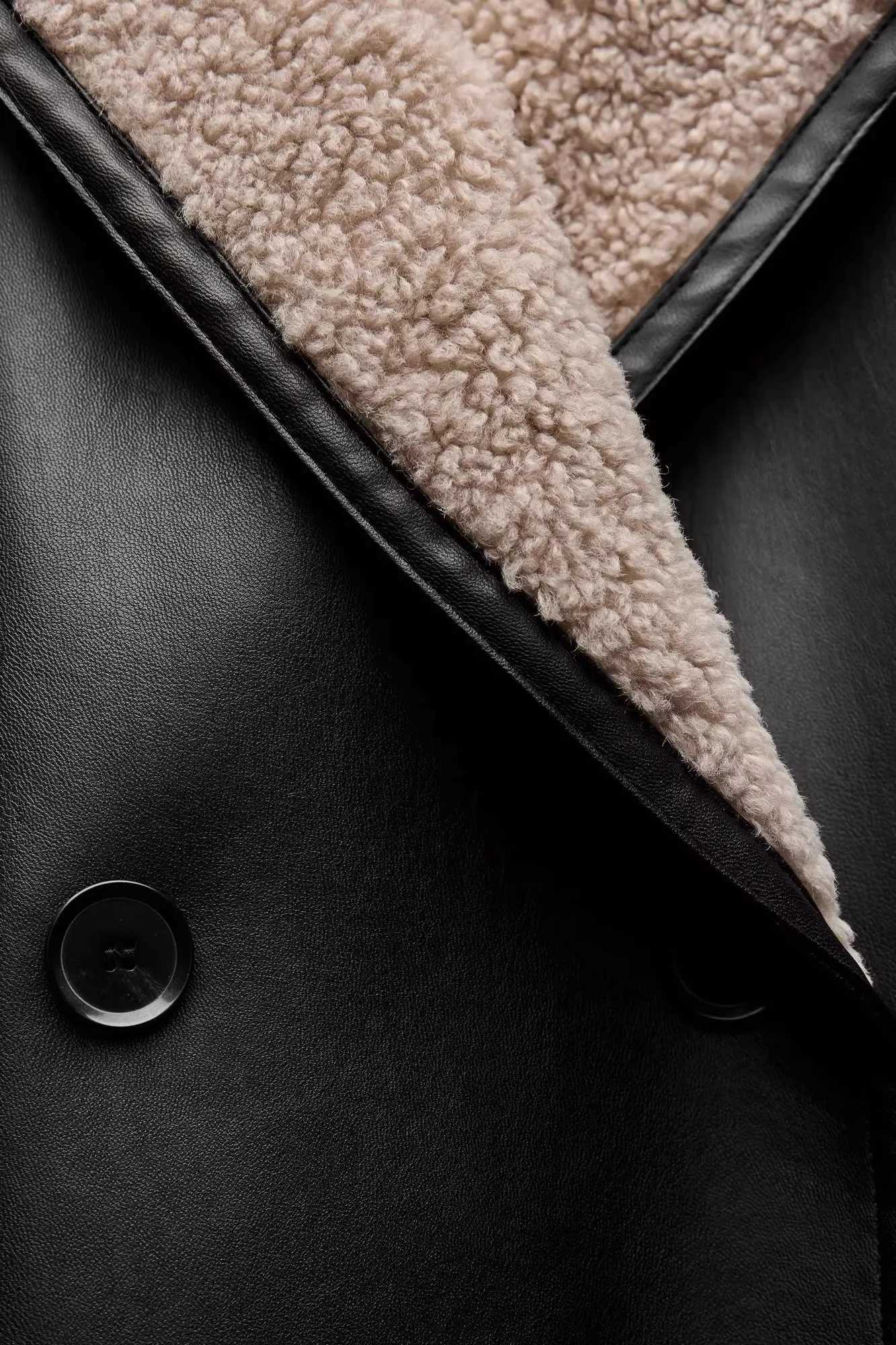 RARF Womens 2025 Winter New Womens Faux Leather Double-Breasted Long-Sleeved Lapel Contrasting Color Fleece Double-Sided Coat Z250813