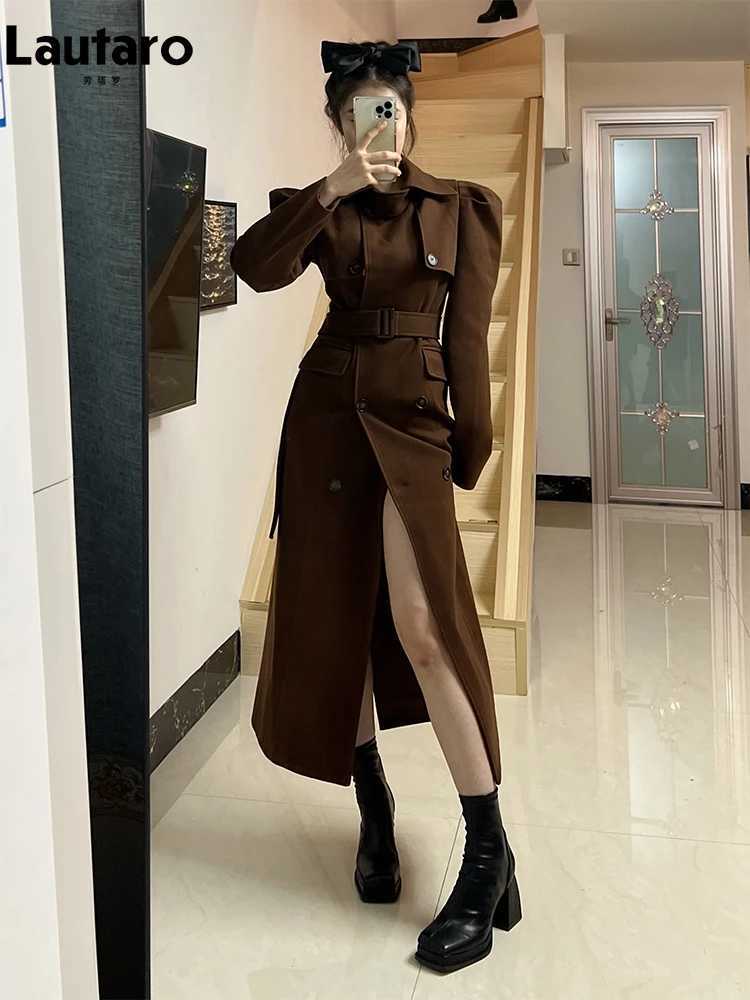 Lautaro Autumn Winter Extra Long Black Elegant Fitted Woolen Coat Women Puff Sleeve Belt Designer Clothes 2023 Z250813