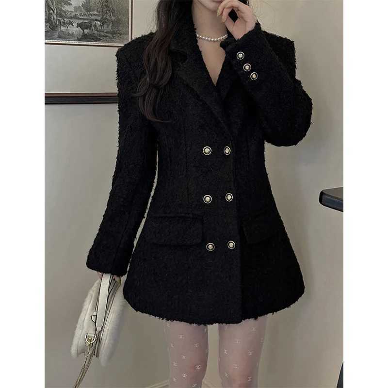 MEXZT Elegant Pink Wool Blends Coats Women Double Breasted Black Woolen Jackets Korean Long Sleeve Outerwear Winter Overcoat New Z250813