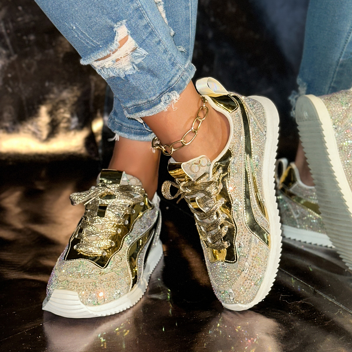 New 2025 Women's 4.5cm Thick Bottom Casual Shoes Crystal White Luxury Shining Sports Shoes Trendy Anti Slip Flat Casual Shoes Fashion Tennis Shoe