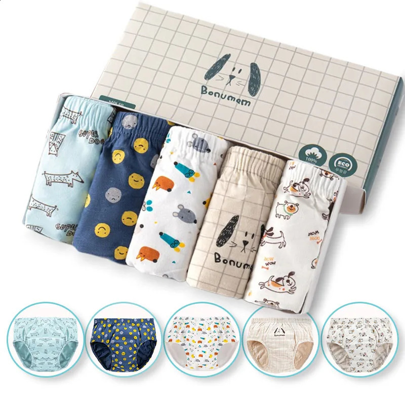 Exquisite Box Packaging 5Piece Boys Triangle Underwear Soft Cotton Breathable Children Briefs For Boy Cartoon Dog Kids Knickers 250812
