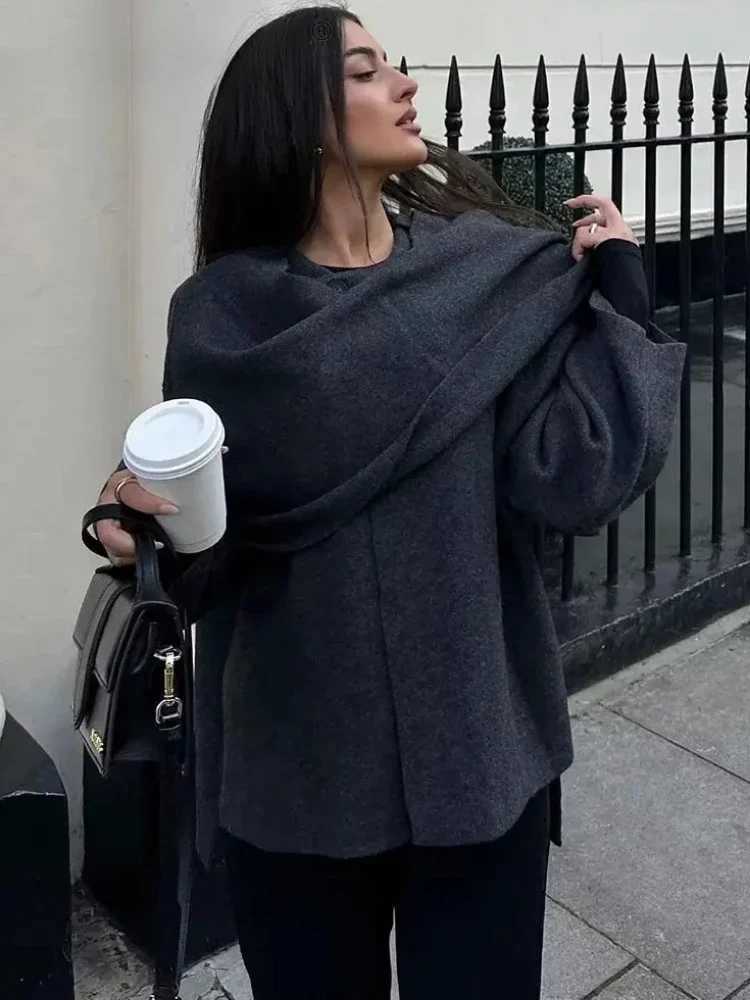 3ZBA Womens Asymmetric Scarf Knitted Jacket O-neck Single Button Side Slit Solid Loose Coat Winter New Female Chic Outerwear Z250813