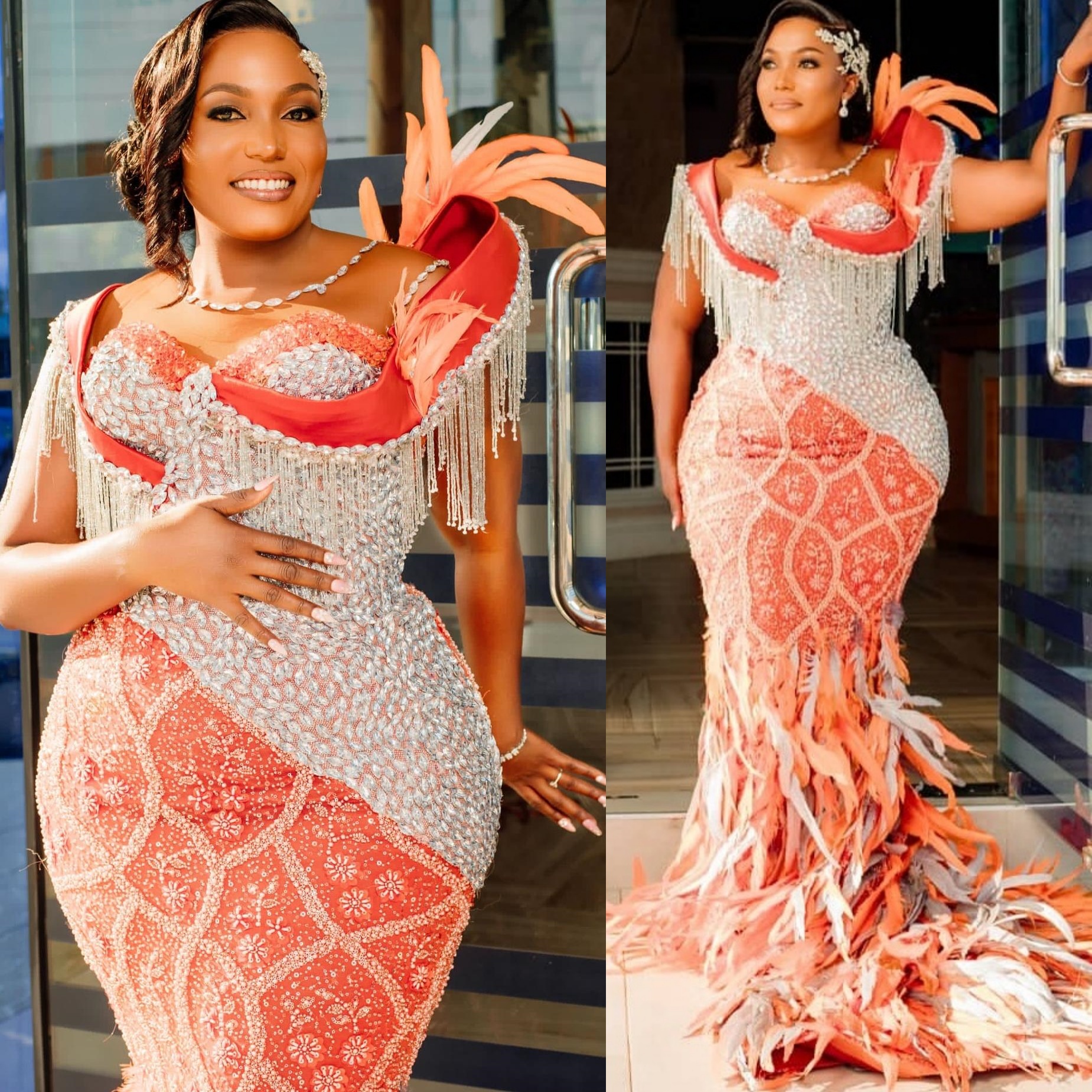 Mermaid Orange Prom Dresses 2025 Feathers Crystals Luxurious Tassels Evening Formal Party Second Birthday Engagement Gowns Plus Size Dress For Special