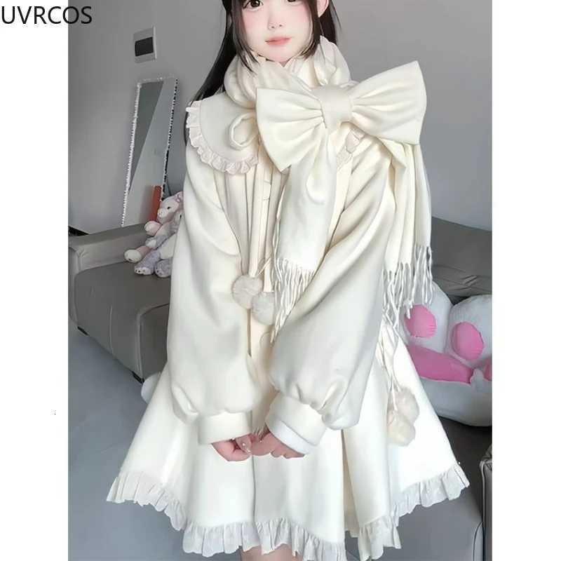 Japanese Kawaii Cute Woolen Coat Women Sweet Ruffles Peter Pan Collar Slim Cotton Bow Scarf Jacket Female Winter Parkas Coats Z250813