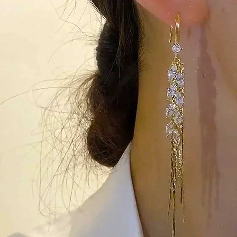 2024 Trend Long Zircon Wheat Ear Tassel Gold Color Earrings for Women Exquisite Elegant Girls Wedding Party Premium Jewelry Gift Y250812