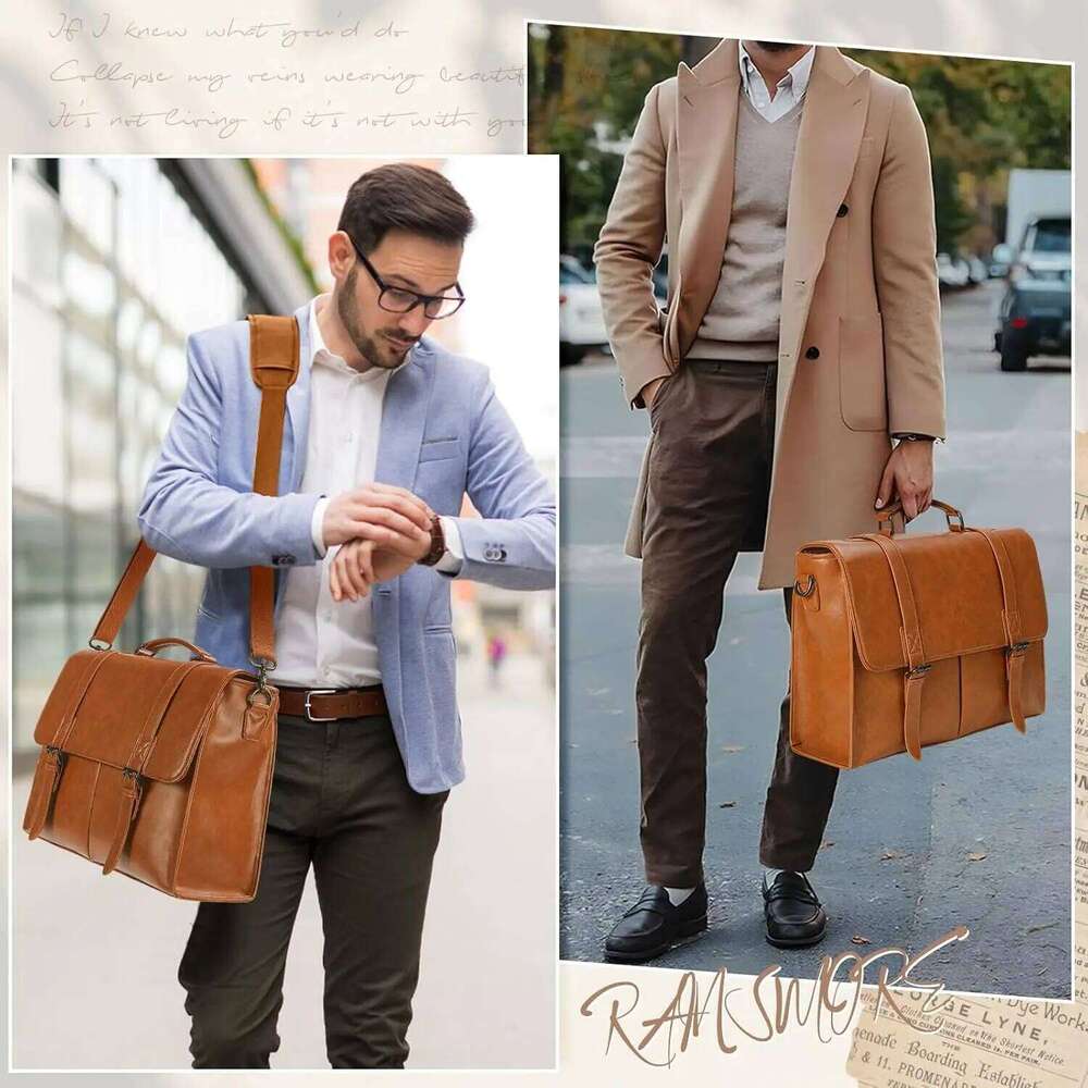 RAINSMORE Vintage Men Messenger Waterproof Leather Briefcase Laptop Large Capacity Satchel Business College Shoulder Bag