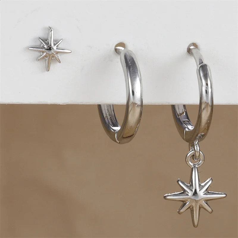 3 Pcs Fashion Stainless Steel Round Star Drop Earrings Set for Women Silver Color Plated Dangle Earring Punk Unisex Rock Jewelry 250812