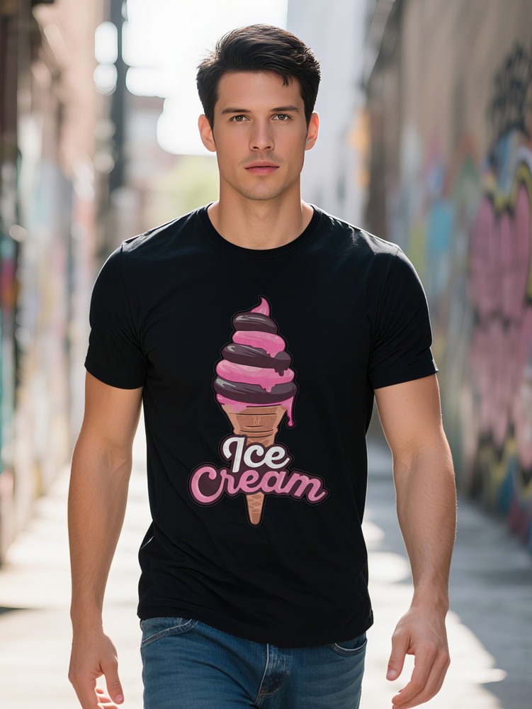 S Casual Versatile Round Neck T-Shirt with Pink Ice Cream Cone Print is a Great Gift for Men by