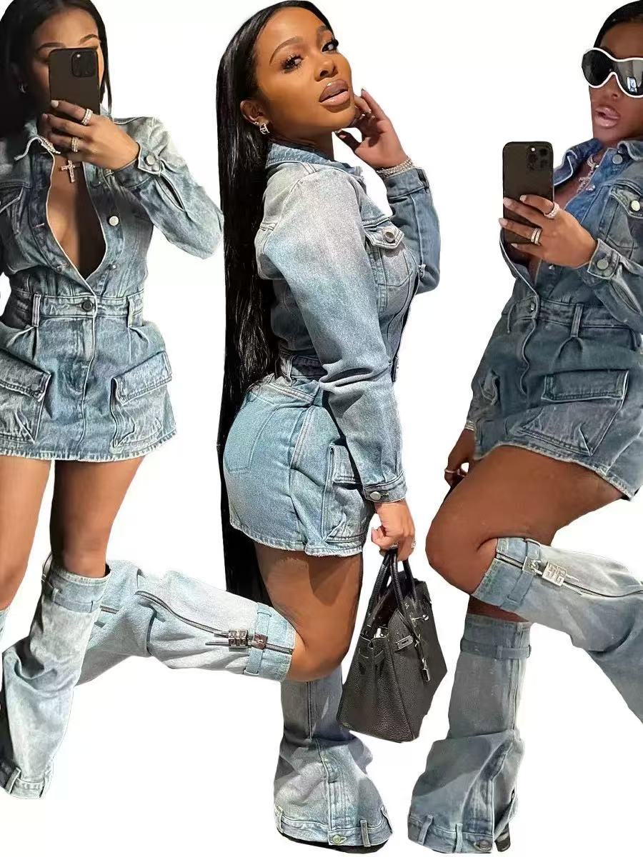 Designer Denim Tracksuits Two Piece Sets Women Long Sleeve Patchwork Denim Jacket and Shorts Outfits Y2k Jeans Vintage Streetwear Bulk Wholesale Cloth