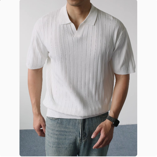Old Money Style Textured Knit Short Wide Fit Polo Shirt Small V-Neck Short Sleeve Mens Polo Shirt 250813
