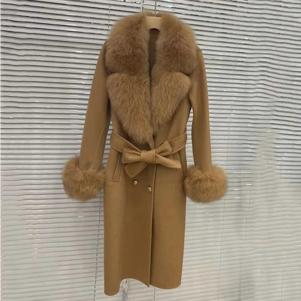 2024 Women Wool Cashmere Blended Coat Double Breasted Belt Outerwear Cuff New Long Real Fur Collar Fashion Winter Jacket Z250813
