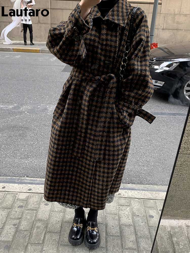 La Tarot Autumn Winter Long Loose Casual Soft Plaid Wool Coat Women Double Breasted Stylish Chic Designer Clothes 2022 Z250813