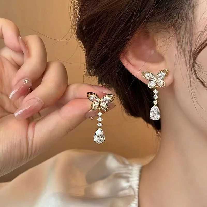 Shiny Rhinestone Butterfly Water Drop Tassel Earrings for Women Crystal Zircon Pearl Long Earring Party Daily Jewelry Gifts Y250812