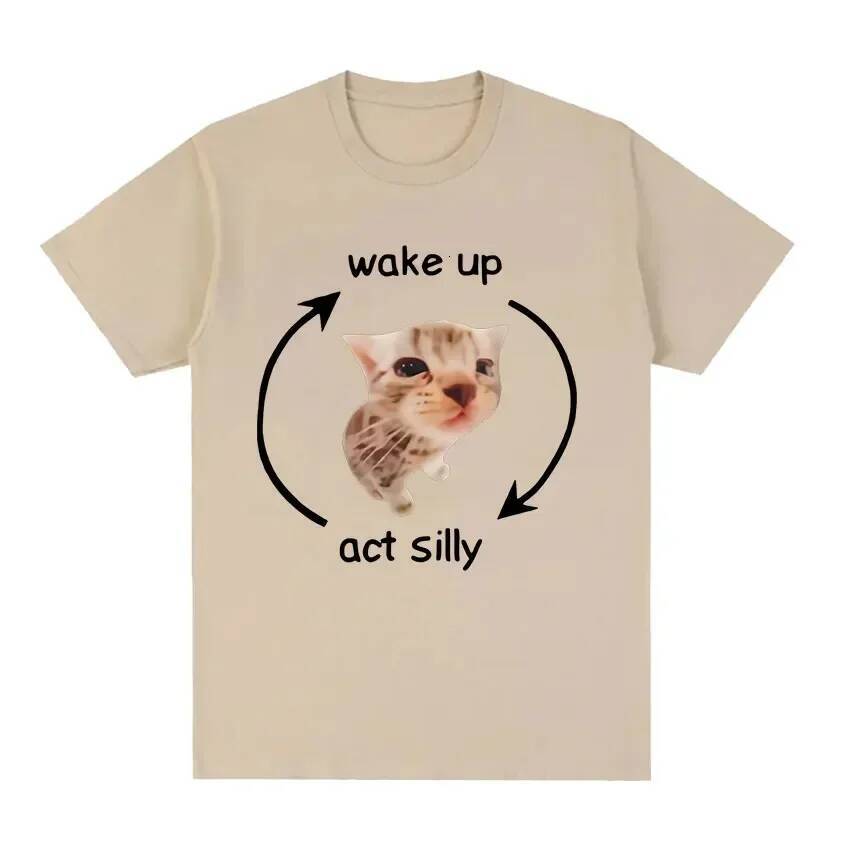 2025 Summer design New Women's Tank Top Wake Up Act Meme Pattern T-shirt Fun and Cute Cat Printed Short Sleeve T-shirt Men's and Women'