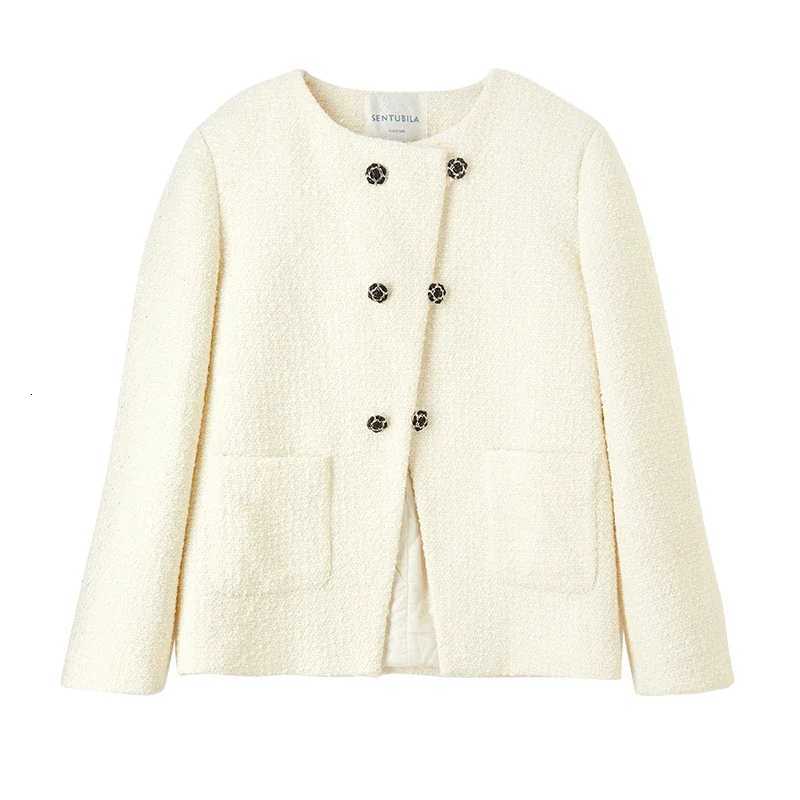 SENTUBILA Cropped Tweed Jacket Woolen 2025 Winter Round Neck Double Breasted Loose Elegant Coat Womens Outerwear 144W57982X Z250813