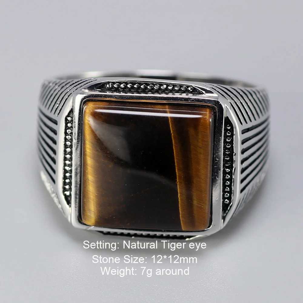 Authentic Sterling Silver 925 Man Ring With Tiger Eyes Fine Jewelry Stripe Pattern Natural Stone Cool Retro Punk Rings W250812