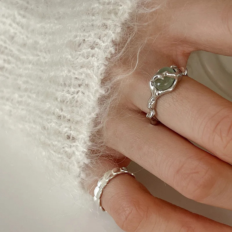 925 Sterling Silver plated Liquid Lava Hetian Jade Bamboo Ring for Women Girl Gift Irregular Vintage Jewelry Drop 250811