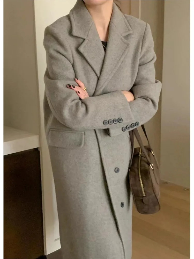 Autumn Winter Long Woolen Coats Women Elegant Single Breasted Commute Blazer Jacket Overcoat Korean Casual High Street Outerwear 250805