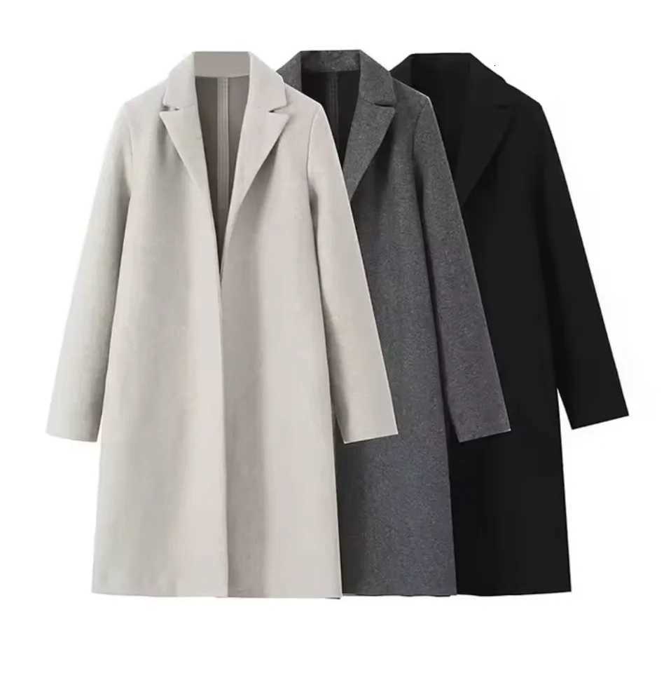 RARF Women Woolen Coat Fashion Solid Open Stitch Long Trench Coats Vintage V-Neck Full Sleeves Female Chic Lady Outfits Z250813