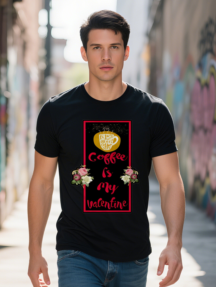 Men S Casual Crew Neck T-Shirt Yellow Cup Graphic and Coffee is My Valentine Text Black Short Sleeve Tee with Floral