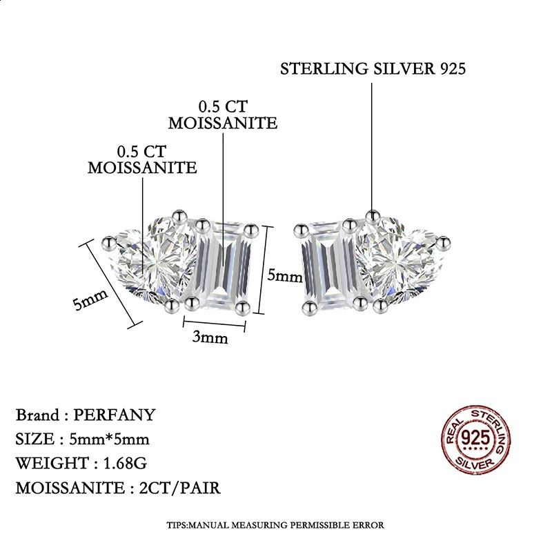 PERFANY Radiant Emerald Cut 2CT Stud Earring S925 Pure Silver Heart Laboratory Diamond Fashion Wedding Jewelry 250812