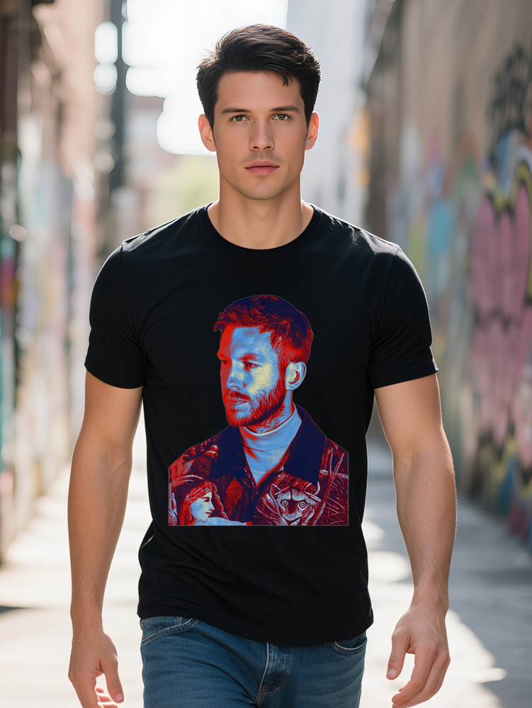 Men s Casual Graphic T-Shirt with Half Face Portrait Print Blue Red Contrast Design Round Neck Summer Tee Regular