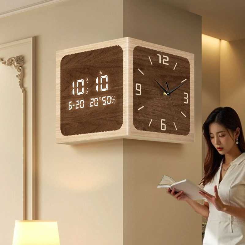 2025 Corner Wall Clock MidCentury Dual Face Clocks Digital Display Angle Clock for Living Room Minimst Electronic Timepiece S25812 W251028