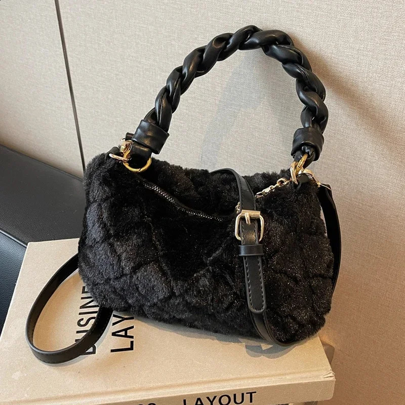 Weave Strap Handle Clutch Bag Winter Plush Womens Handbag Hobo Bag Fashion Shoulder Messenger Bag Lady Handbag 250809
