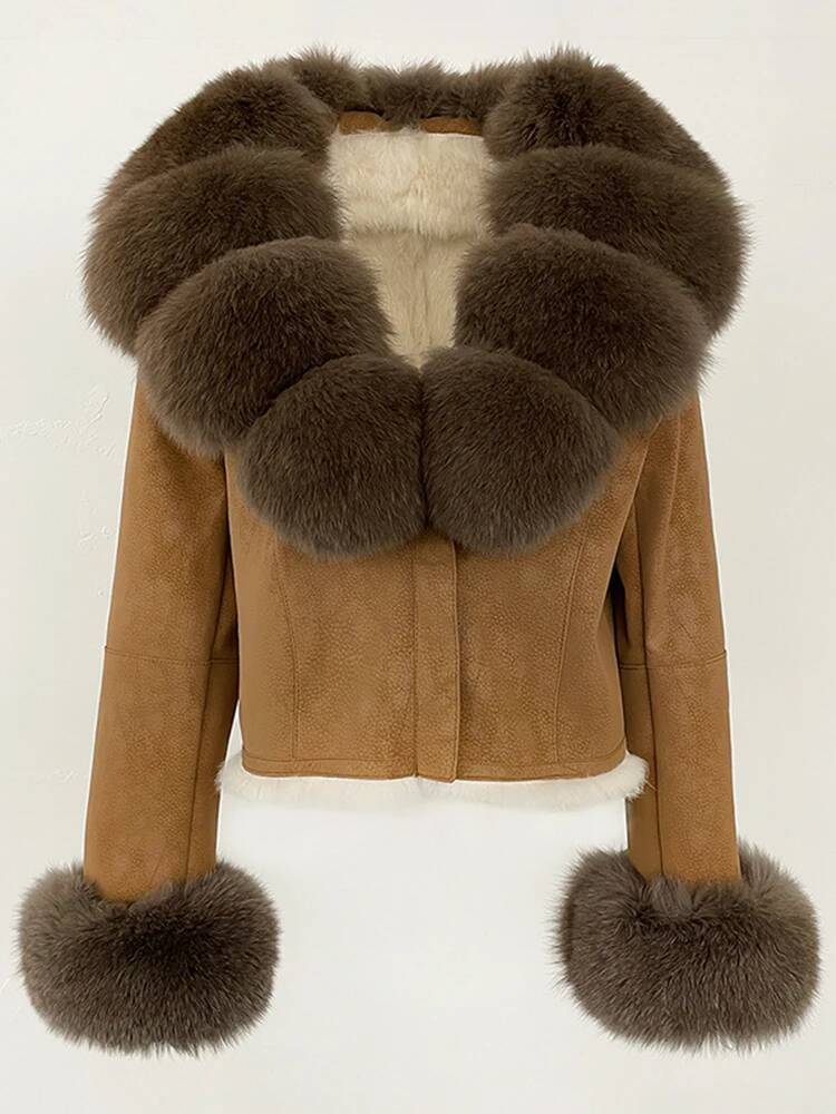 OFTBUY Fashion Short New Autumn Winter Clothing Real Rabbit Liner Suede Jacket Women Natural Fox Fur Collar Coat Female