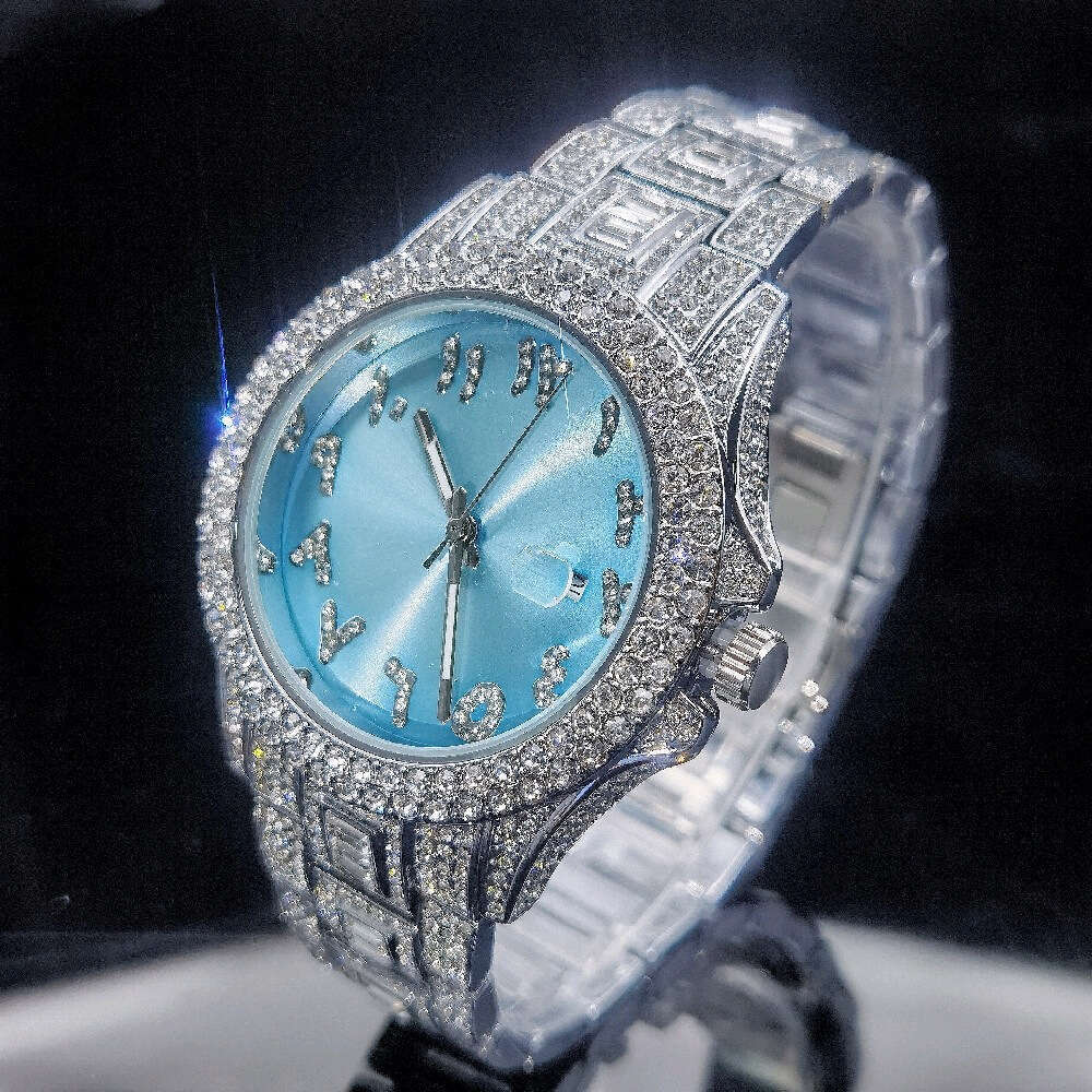 Full Diamond Arabic Round Blue Dial Fashion Shiny Men's Watch