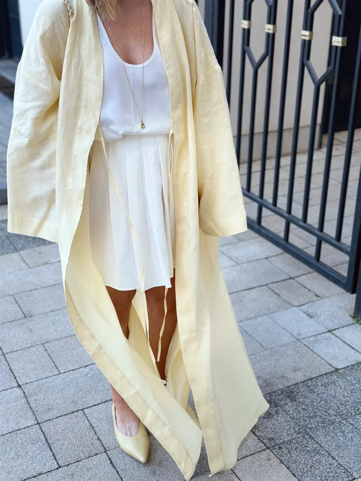 Oversized 100% Linen Kimono Windbreaker Yellow 250811