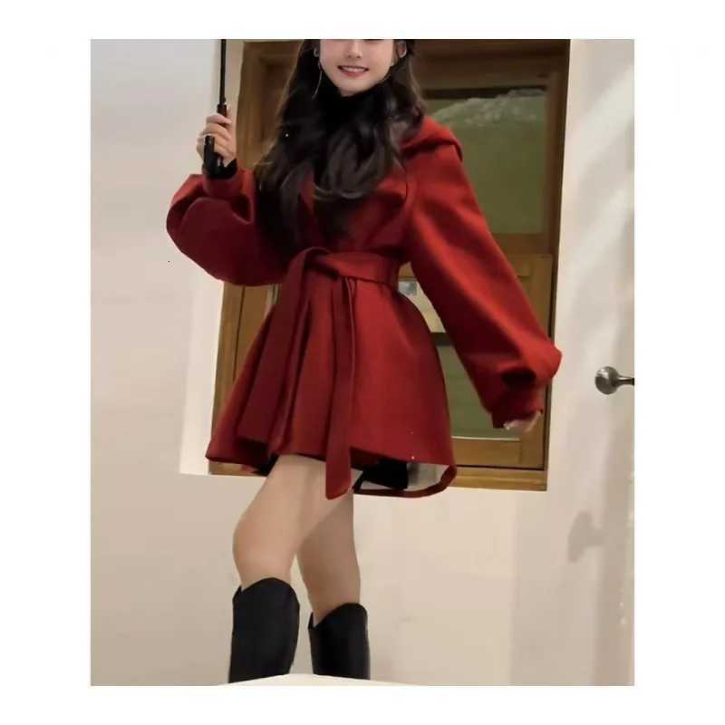 Winter New Outwear Pink Woolen Collar Overcoat Hooded Thick Woolen Jacket Womens Mid-length Parkas Drawstring Tweed Sweet Coat Z250813