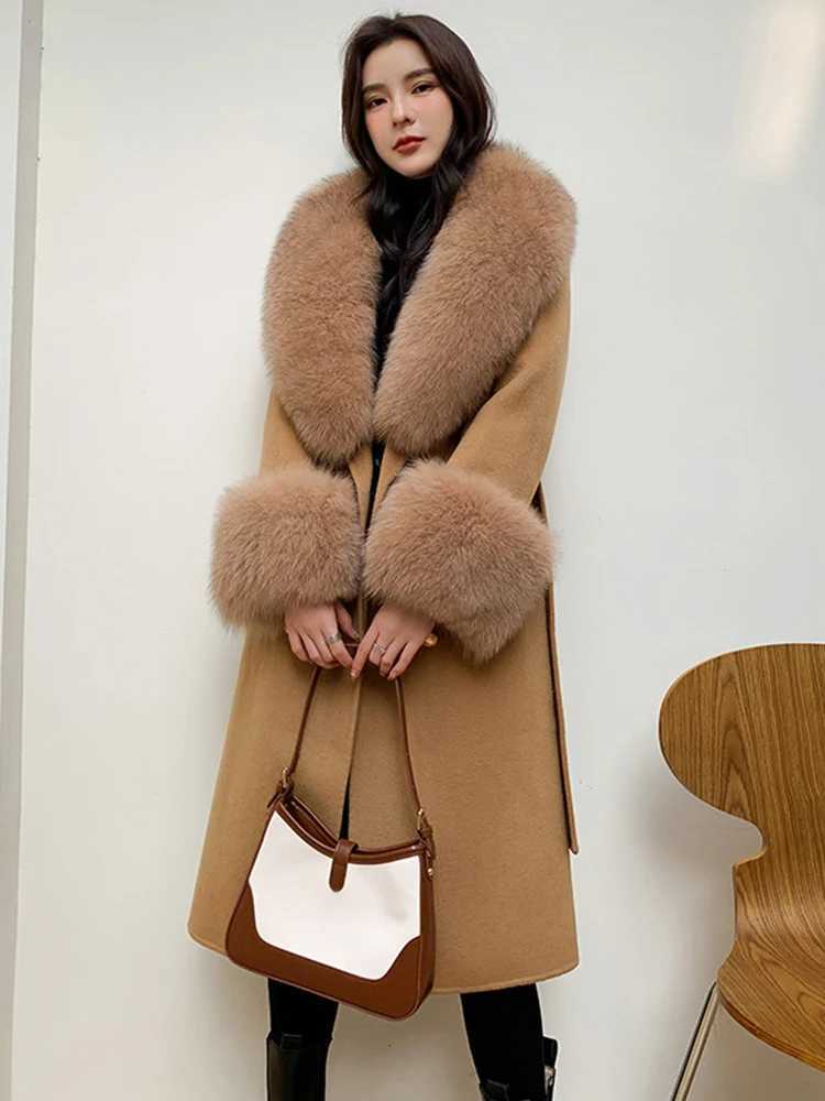New Arrival Classic Winter Female Ladys Woolen Real Fur Collar and Cuff Ladys Woolen Slim Belt Long Woolen Coat Z250813