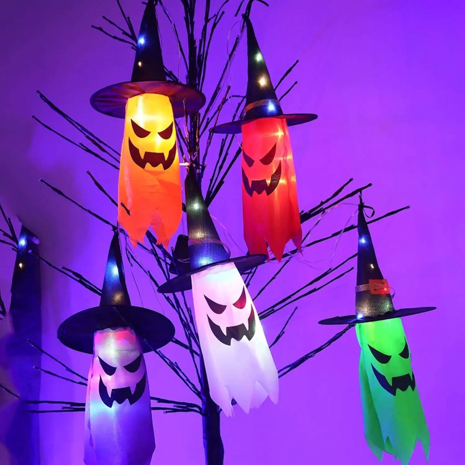 Decorations Outdoor 5 PCS Hanging Halloween Lighted Glowing Ghost Witch Hat with LED String Lights for Party Garden ddmynov